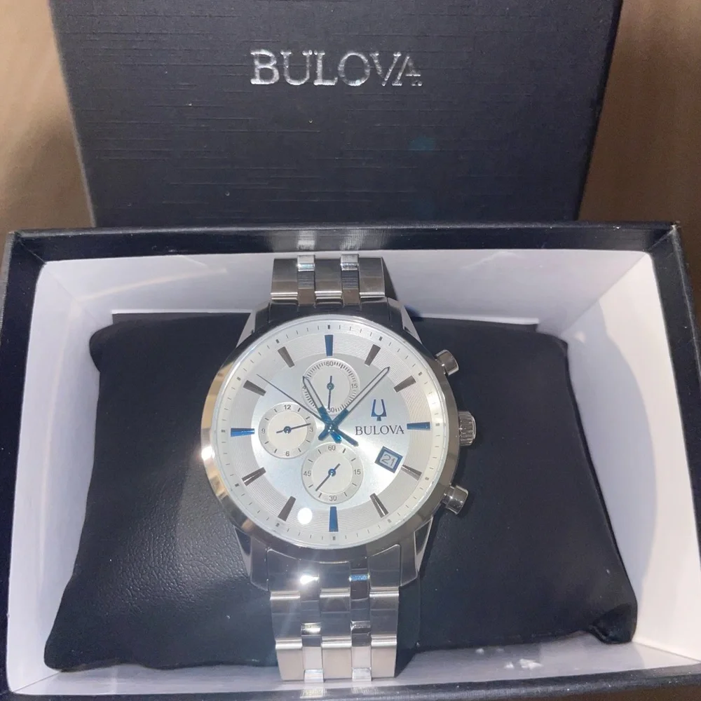 Bulova Silver and Blue Chronograph Watch